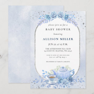 Invitación Baby Shower Fiesta de té floral azul ruso