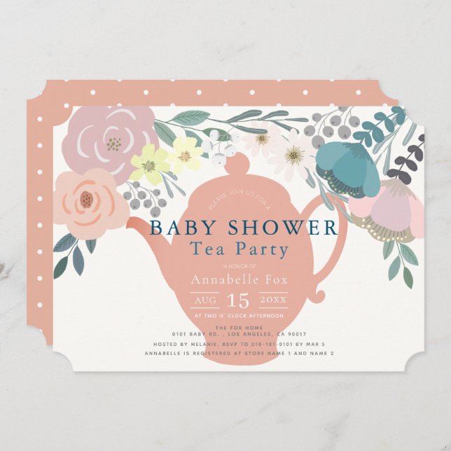 Invitación Baby Shower Fiesta de té floral rosa (Anverso / Reverso)