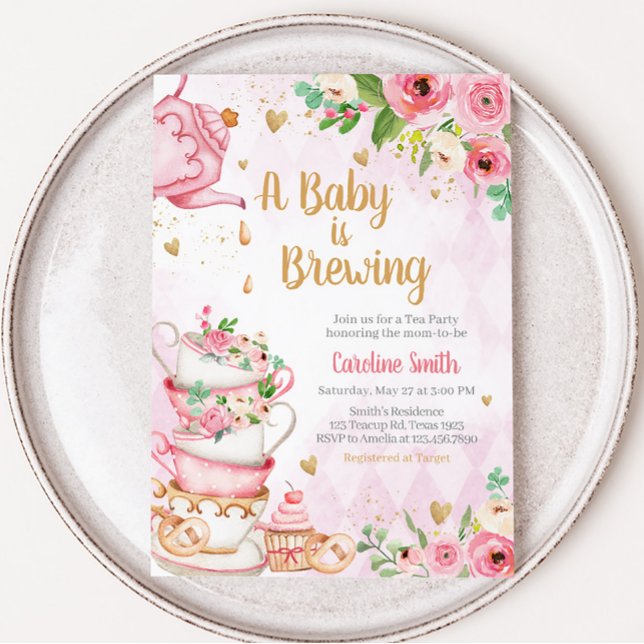 Invitación Baby Shower Fiesta de té floral rosa (Tea Party Baby Shower Invitation)