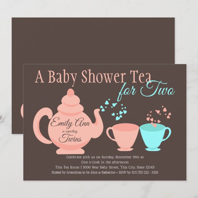 Invitación Baby Shower Fiesta de té gemelo (Anverso / Reverso)