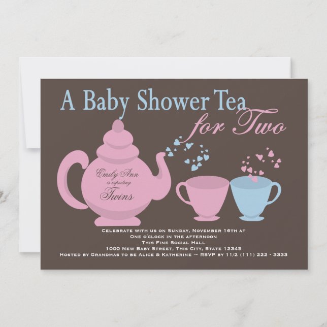Invitación Baby Shower Fiesta de té gemelo (Anverso)