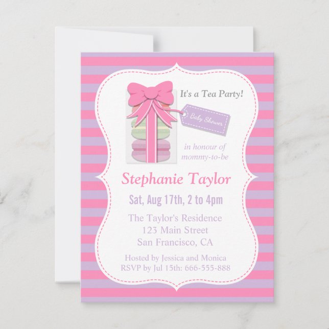 Invitación Baby Shower Fiesta de Té Macarons, Rosa y Morado (Anverso)