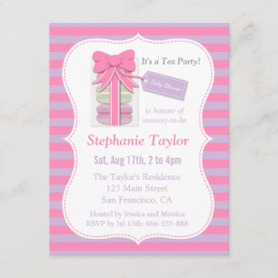 Invitación Baby Shower Fiesta de Té Macarons, Rosa y Morado