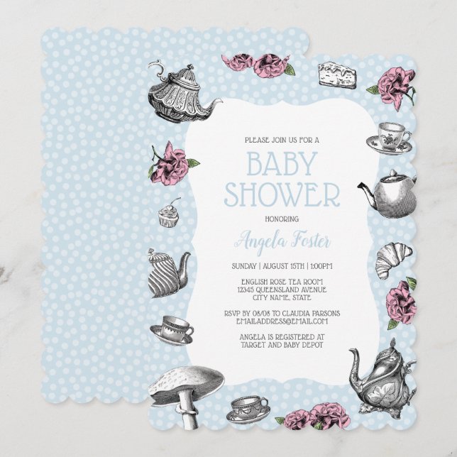 Invitación Baby Shower Fiesta del té con punto de polka azul (Anverso / Reverso)