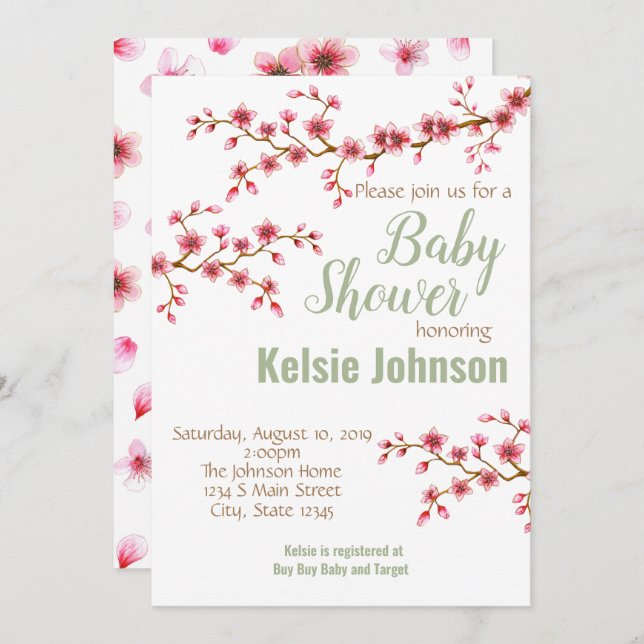 Invitación Baby Shower Flor de Cerezo (Anverso / Reverso)