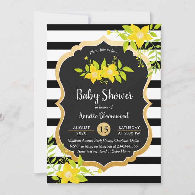 Invitación Baby Shower | Flora amarilla | Bandas elegantes (Anverso)