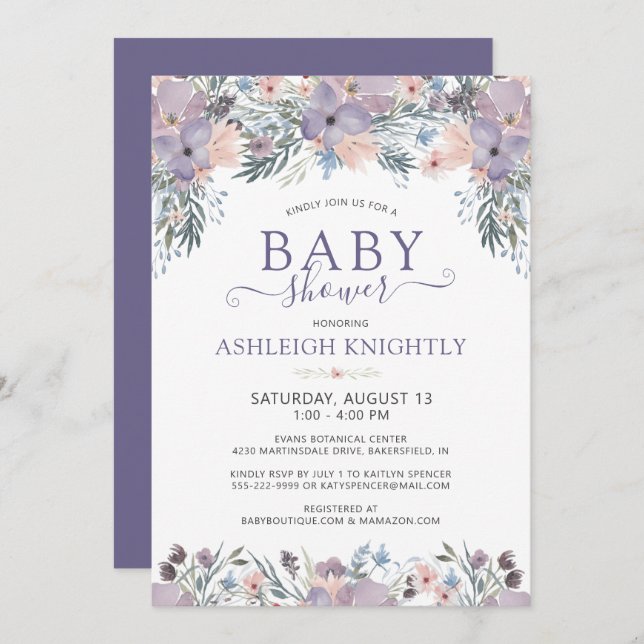 Invitación Baby Shower Floral Acuarela Morada (Anverso / Reverso)
