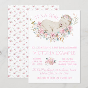 Invitación Baby Shower Floral Acuarela para Niña