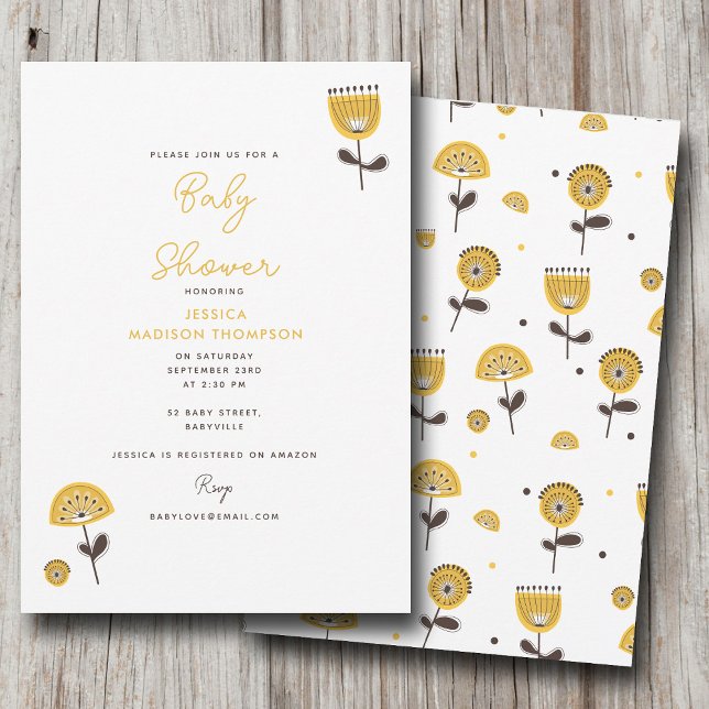 Invitación Baby Shower floral amarillo moderno de mediados de (Mid Century Modern Yellow Floral Baby Shower Invitation)