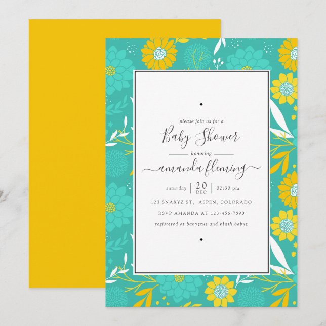 Invitación Baby Shower floral amarillo y Verde azulado (Anverso / Reverso)