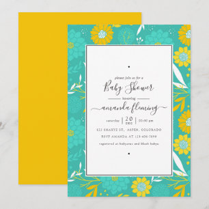 Invitación Baby Shower floral amarillo y Verde azulado