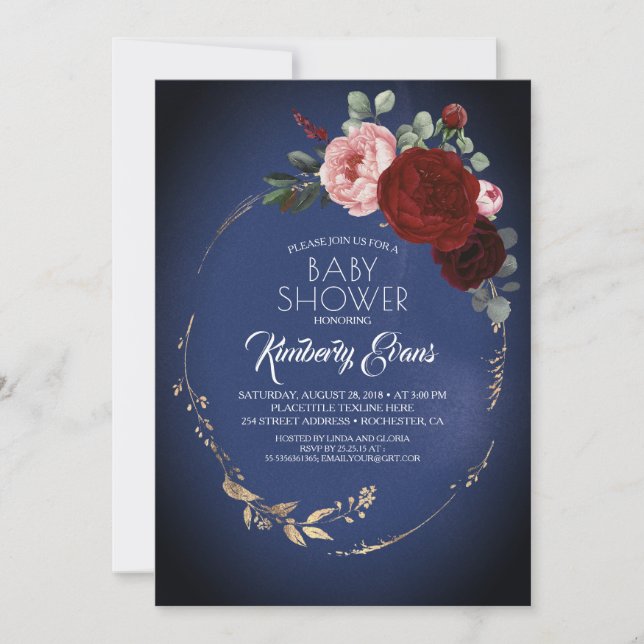 Invitación Baby Shower floral azul borgoña rojo y dorado (Anverso)