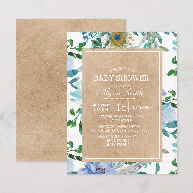 Invitación Baby Shower floral azul de Kraft marrón ruso (Anverso / Reverso)