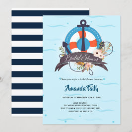 Invitación Baby Shower floral azul de la Marina de Ancla Náut
