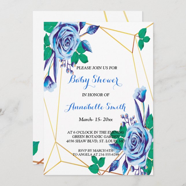 Invitación Baby Shower floral azul Geométrico Gold Frame (Anverso / Reverso)