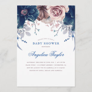 Invitación Baby Shower floral azul marino y malva