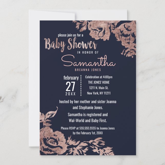 Invitación Baby Shower floral azul marino y oro Rosa (Anverso)