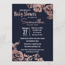 Invitación Baby Shower floral azul marino y oro Rosa