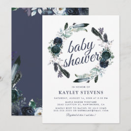 Invitación Baby Shower Floral Azul Niño Boho Rústico
