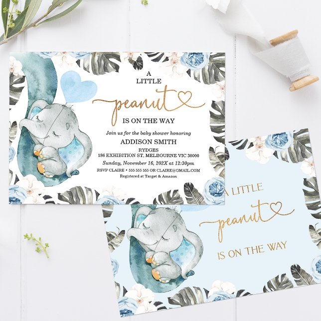Invitación Baby Shower Floral azul para el pequeño cacahuate (Sweet little peanut boy's baby shower invitation featuring an elephant trunk and baby elephant.)