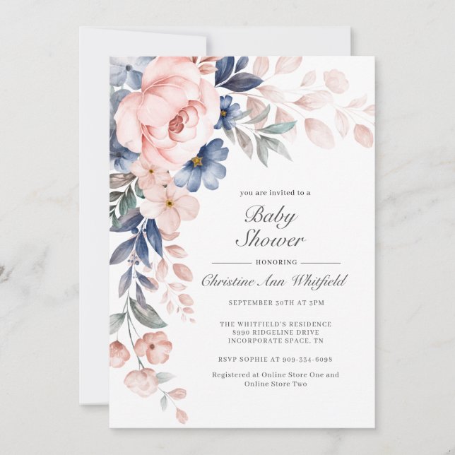 Invitación Baby Shower Floral azul rosa (Anverso)