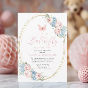 Invitación Baby Shower floral azul rosa azul mariposa