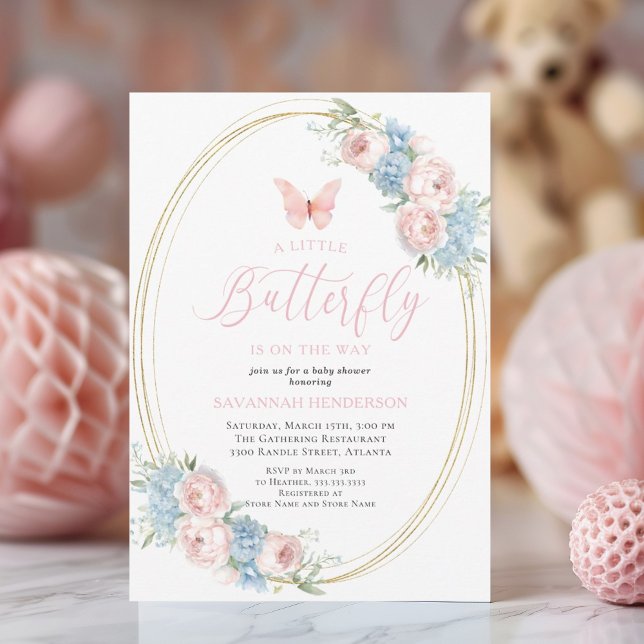 Invitación Baby Shower floral azul rosa azul mariposa (Subido por el creador)