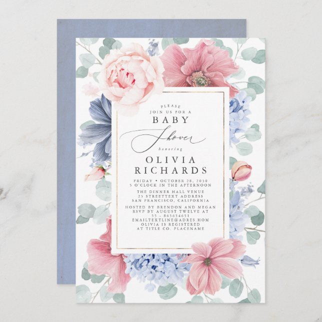 Invitación Baby Shower floral azul turbio y rosa oscuro (Anverso / Reverso)