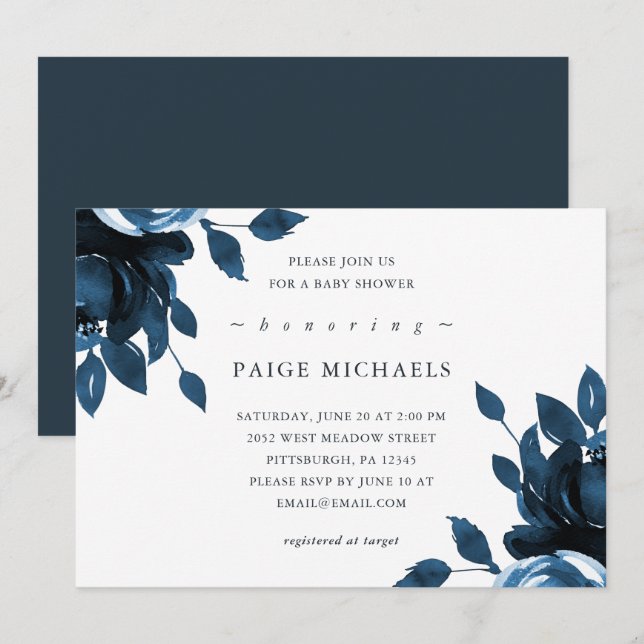 Invitación Baby Shower floral azul y blanco (Anverso / Reverso)