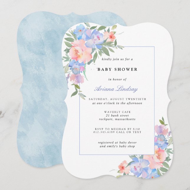 Invitación Baby Shower floral azul y rosa (Anverso / Reverso)