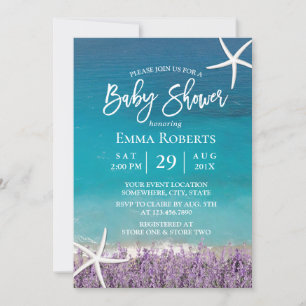 Invitación Baby Shower floral Beach Starfish Lavender