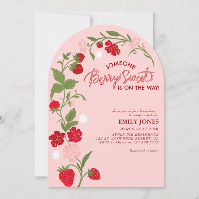 Invitación Baby Shower floral Berry Sweet Strawberry (Anverso)