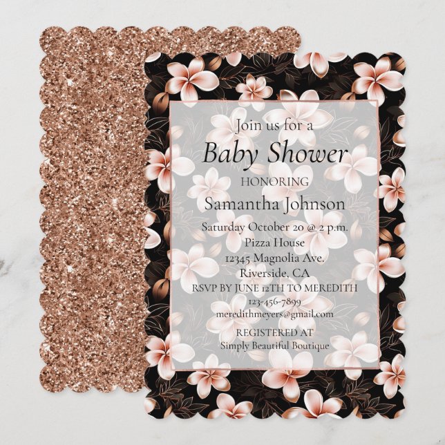 Invitación Baby Shower floral Black Rubor Pink Rose Gold (Anverso / Reverso)
