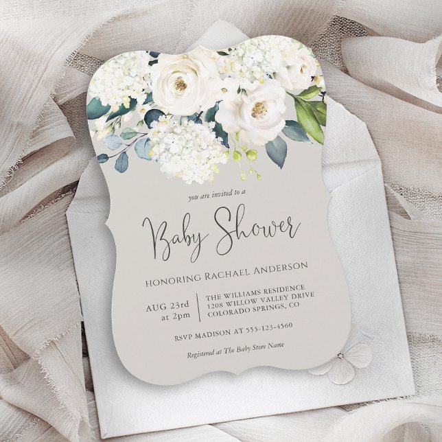 Invitación Baby Shower Floral blanca de algodón (Subido por el creador)