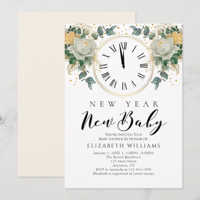 Invitación Baby Shower floral blanca de oro de Año Nuevo Reci (Anverso / Reverso)