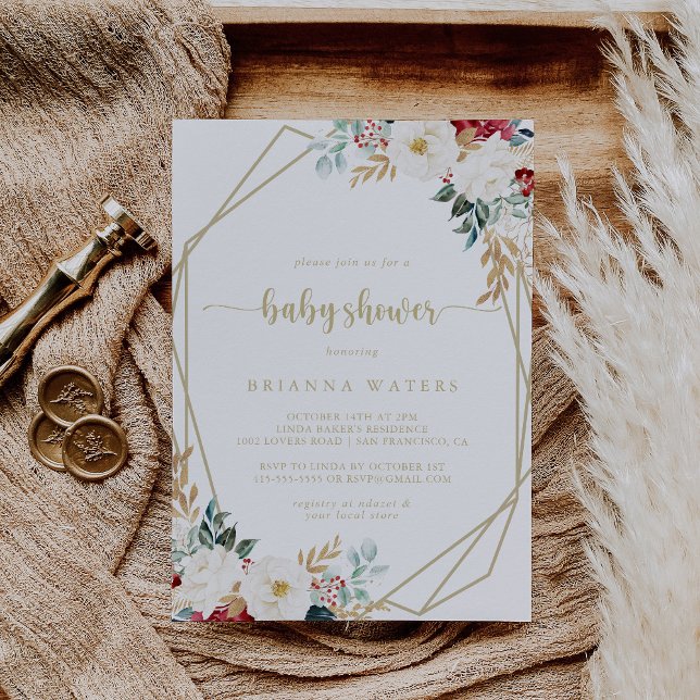 Invitación Baby Shower Floral blanca dorada clásica de Borgoñ (Subido por el creador)