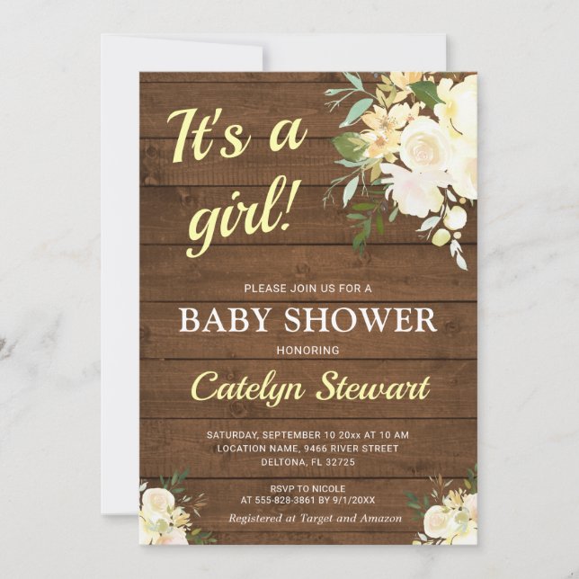 Invitación Baby Shower Floral Blanco Madera Rústica Amarillo  (Anverso)