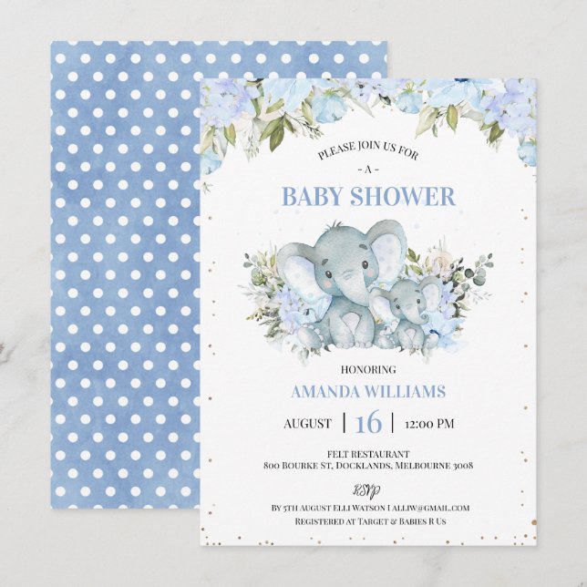Invitación Baby Shower Floral Blue Elephant and Calf Boys (Anverso / Reverso)