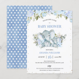Invitación Baby Shower Floral Blue Elephant and Calf Boys