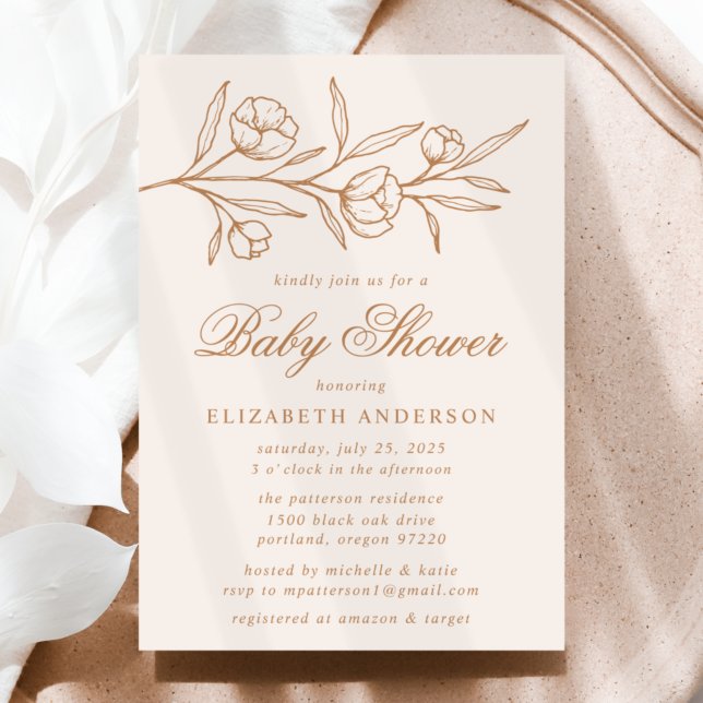 Invitación Baby Shower floral bosquejado de almendra y cobre (Subido por el creador)
