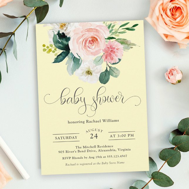 Invitación Baby Shower floral color de agua rosa y amarillo (Subido por el creador)