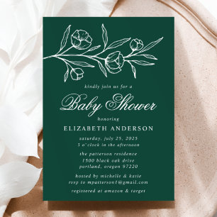 Invitación Baby Shower floral con dibujos verdes