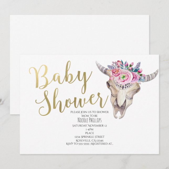 Invitación Baby Shower Floral Cow Skull Gold Boho (Anverso / Reverso)