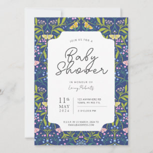 Invitación Baby Shower Floral Damask de mariposa azul de la M