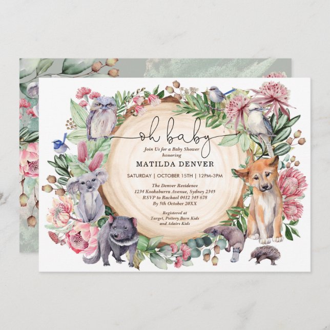 Invitación Baby Shower floral de animales nativos rusos de Au (Anverso / Reverso)