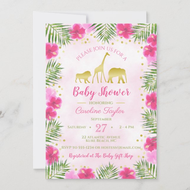 Invitación Baby Shower floral de animales Safari de Oro Rosa (Anverso)