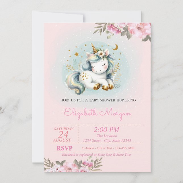 Invitación Baby Shower floral de Baby Unicorn (Anverso)