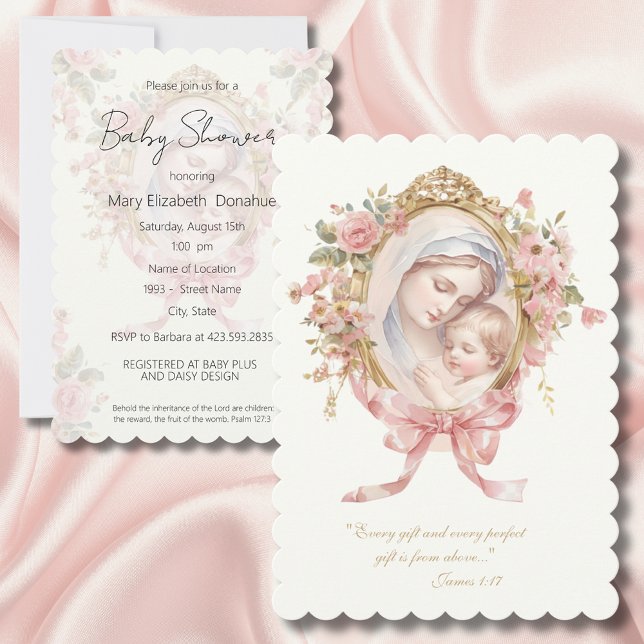 Invitación Baby Shower floral de bebé virgen católico (Subido por el creador)