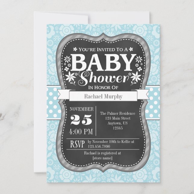 Invitación Baby Shower floral de cartón azul claro (Anverso)