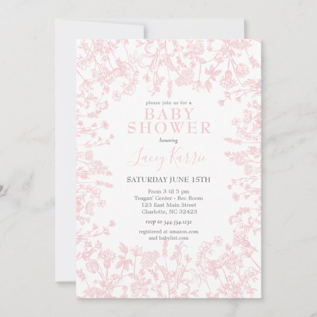 Invitación Baby Shower Floral de Chinoiserie rosad (Anverso)